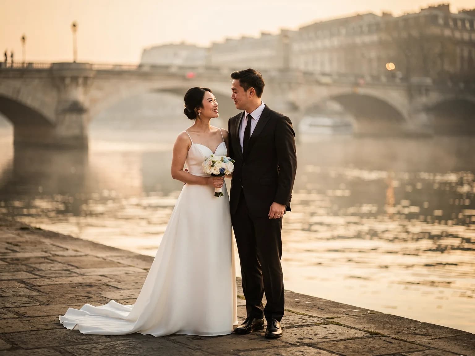 Couple en tenue de mariage seul sur un quai de Seine au lever du soleil — illustration
